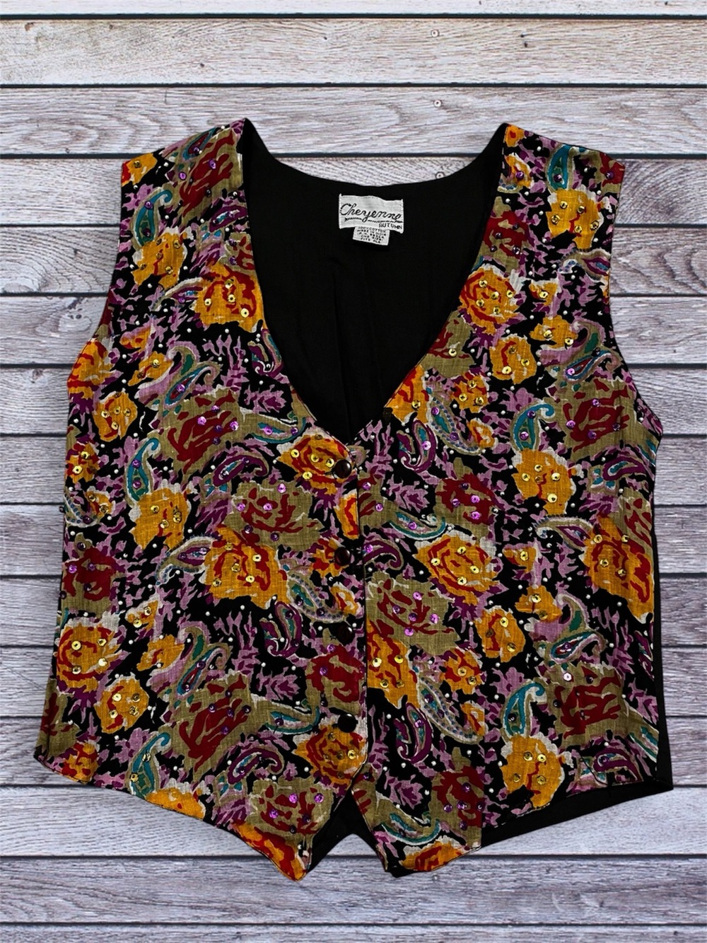 Vintage Cheyenne Autumn Multicolor Floral Sequined Vest One Size